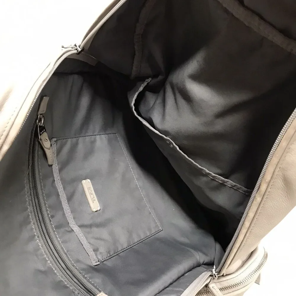 TUMI Voyageur Calais Laptop Backpack Leather Travel Gray Side Zip Padded Shoulde